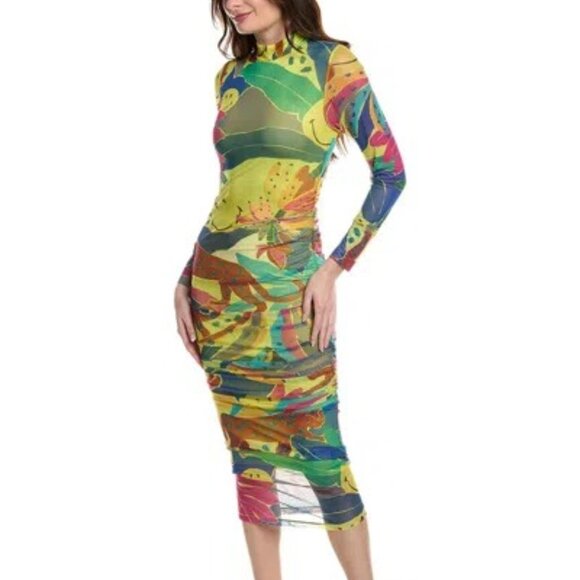 Farm Rio Smiley Dress NWT Ruched Mesh Midi Bodycon Jungle Print Long Sleeve Sz L - Picture 3 of 11